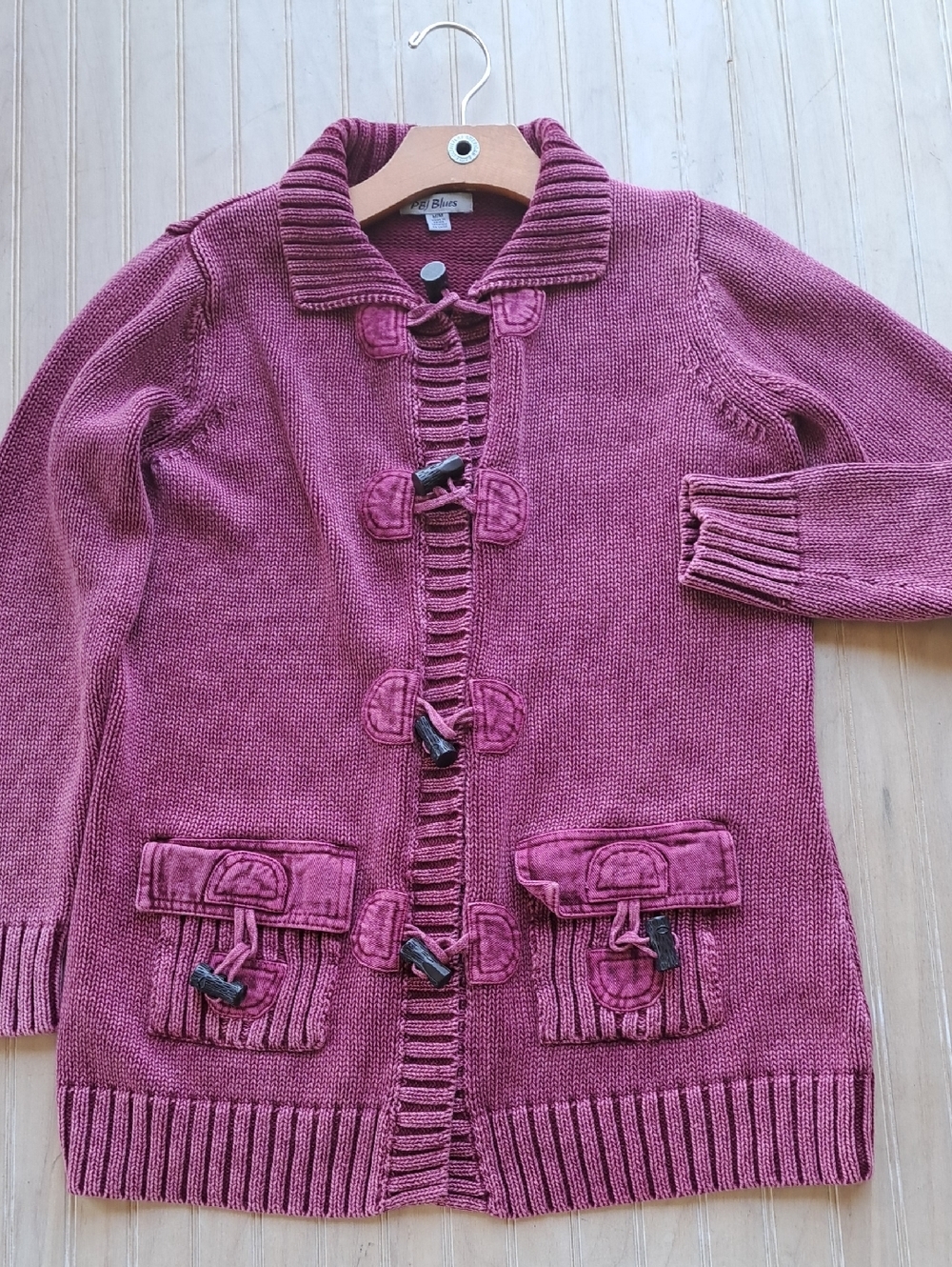 PBJ Blues Dusty Rose Toggle Chunky Knit Distressed Denim Trim Cardigan Sweater